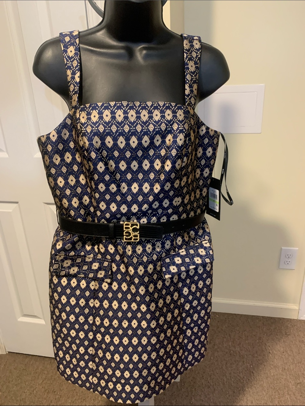 BCBG Navy and Cream Geometric Sleeveless Mini Dress with Belt